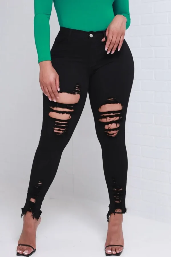 Black Casual High Waist Skinny Ripped Denim Jeans