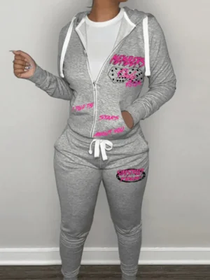 Grey Casual Pocket Zipper Hooded Collar And Pants Jogger Set