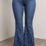 Blue Casual Street Beading High Waist Boot Cut Flare Leg Denim Jeans