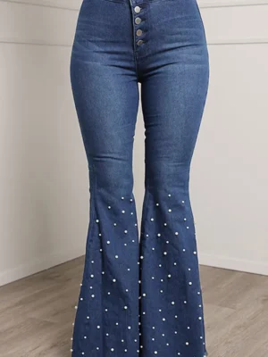 Blue Casual Street Beading High Waist Boot Cut Flare Leg Denim Jeans