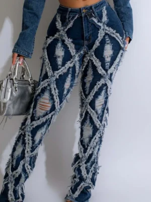 Blue Sexy Ripped High Waist Boot Cut Denim Jeans