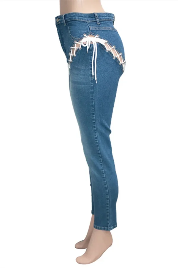 Fashion Casual Hollowed Out Lace Up High Waist Regular Denim Jeans