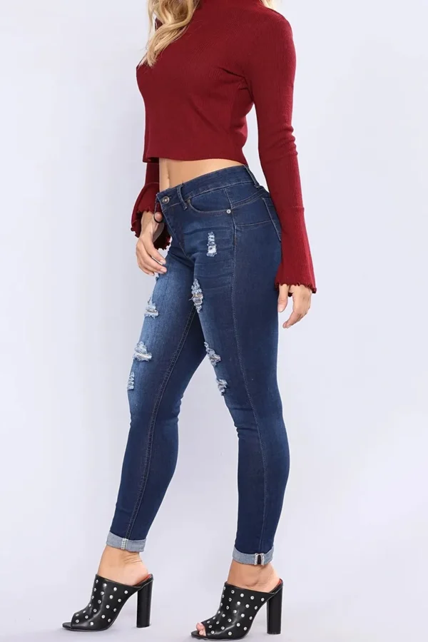 Casual Mid Waist Skinny Ripped Denim Jeans