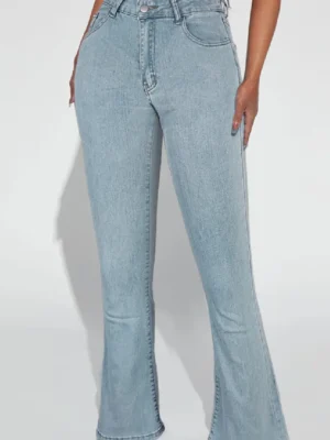 Light Blue Casual Embroidered High Waist Regular Flare Leg Denim Jeans