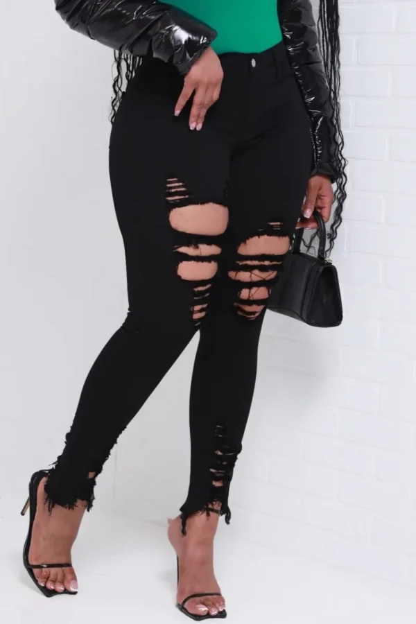 Black Casual High Waist Skinny Ripped Denim Jeans