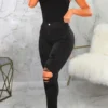 Black Casual Slit High Waist Skinny Ripped Denim Jeans