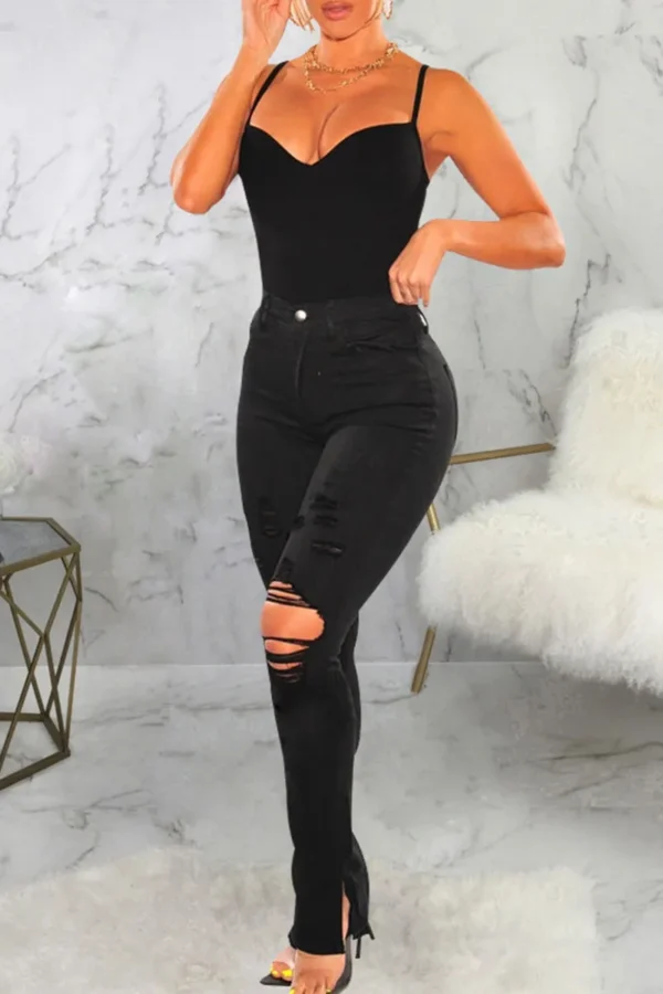 Black Casual Slit High Waist Skinny Ripped Denim Jeans