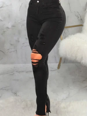 Black Casual Slit High Waist Skinny Ripped Denim Jeans