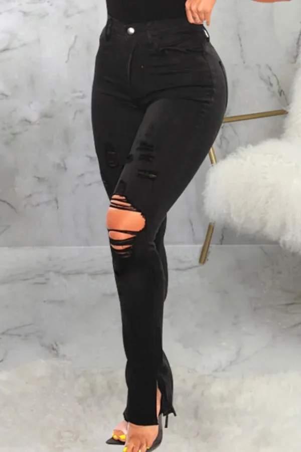 Black Casual Slit High Waist Skinny Ripped Denim Jeans