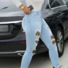 Baby Blue Fashion Leopard Ripped High Waist Skinny Denim Jeans