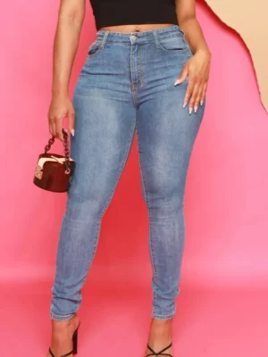 Deep Blue Casual High Waist Skinny Denim Jeans