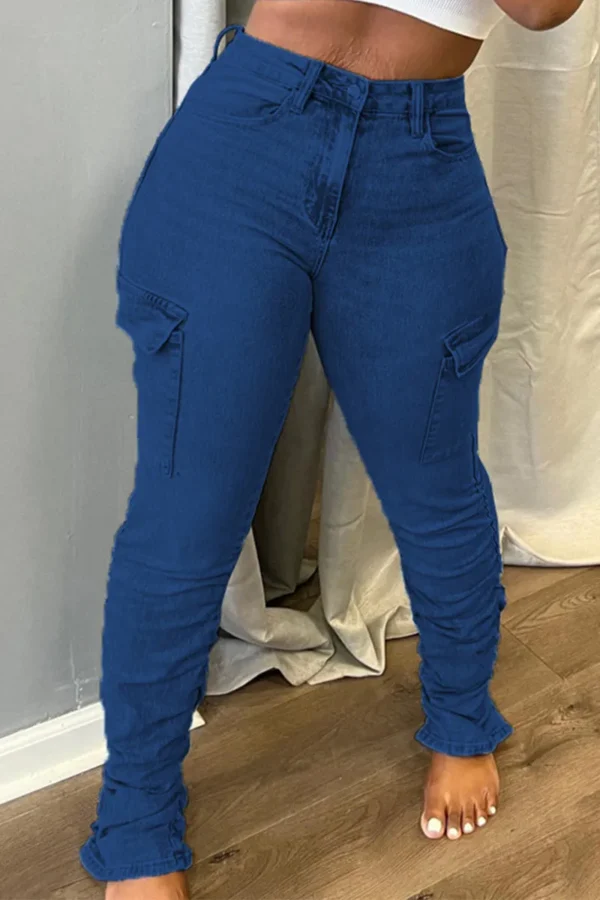 Casual Pocket Buttons Zipper Mid Waist Cargo Denim Jeans