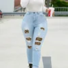 Baby Blue Fashion Leopard Ripped High Waist Skinny Denim Jeans