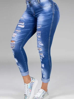 Fashion Casual Mid Waist Skinny Ripped Denim Jeans