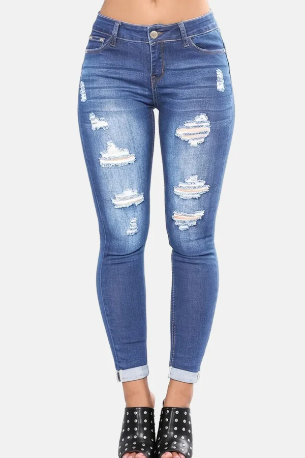 Casual Mid Waist Skinny Ripped Denim Jeans