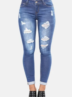 Casual Mid Waist Skinny Ripped Denim Jeans