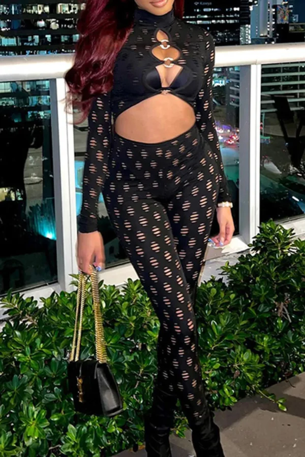 Black Sexy Hollowed Out O Neck Skinny Jumpsuits