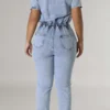 Blue Sweet Pocket Frenulum Buckle Turndown Collar Regular Jumpsuits