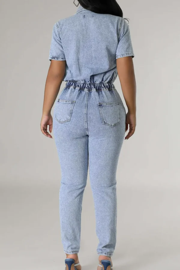 Blue Sweet Pocket Frenulum Buckle Turndown Collar Regular Jumpsuits