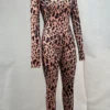 Camel Sexy Leopard Print Zipper O Neck Skinny Jumpsuits