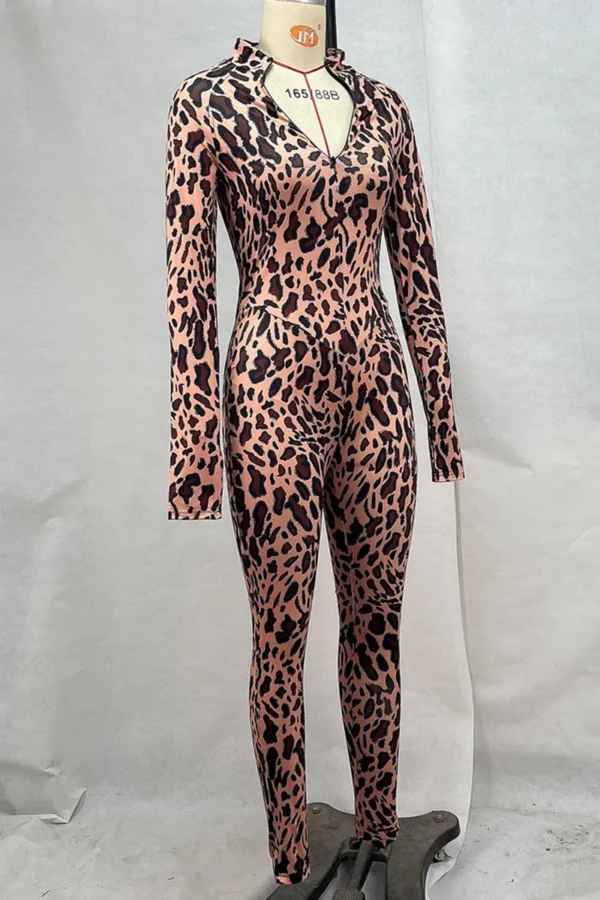 Camel Sexy Leopard Print Zipper O Neck Skinny Jumpsuits