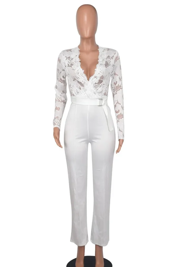 Casual Lace See-through With Belt Zipper V Neck Regular Jumpsuits