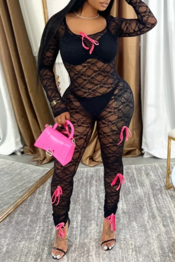 Sexy Hot See-Through Bow Decor O Neck Skinny Jumpsuits