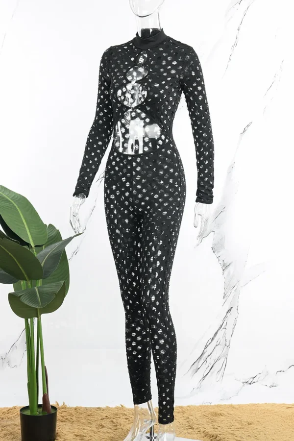 Black Sexy Hollowed Out O Neck Skinny Jumpsuits