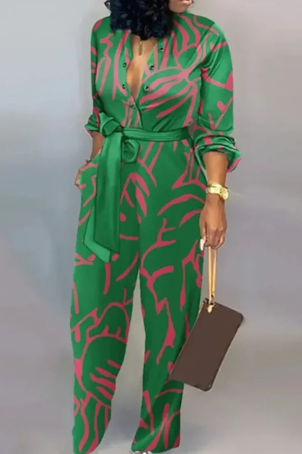 Casual Buckle Strap Design Turndown Collar Long Sleeve Vacation Jumpsuits