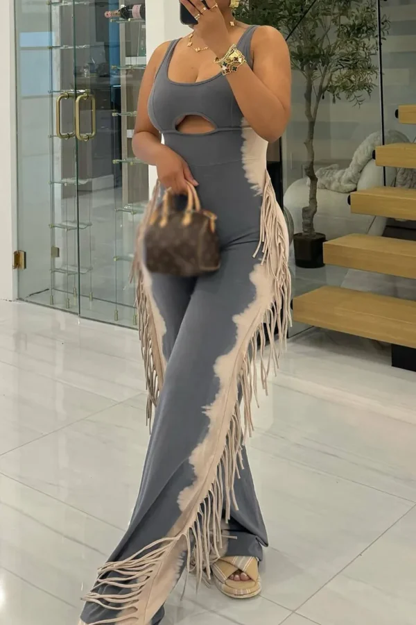 Casual Fringed Trim Hollow Out U Neck Loose Jumpsuit
