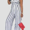 Casual Bow Decor Stripe Backless Loose Vacation Wide Leg Jumpsuits