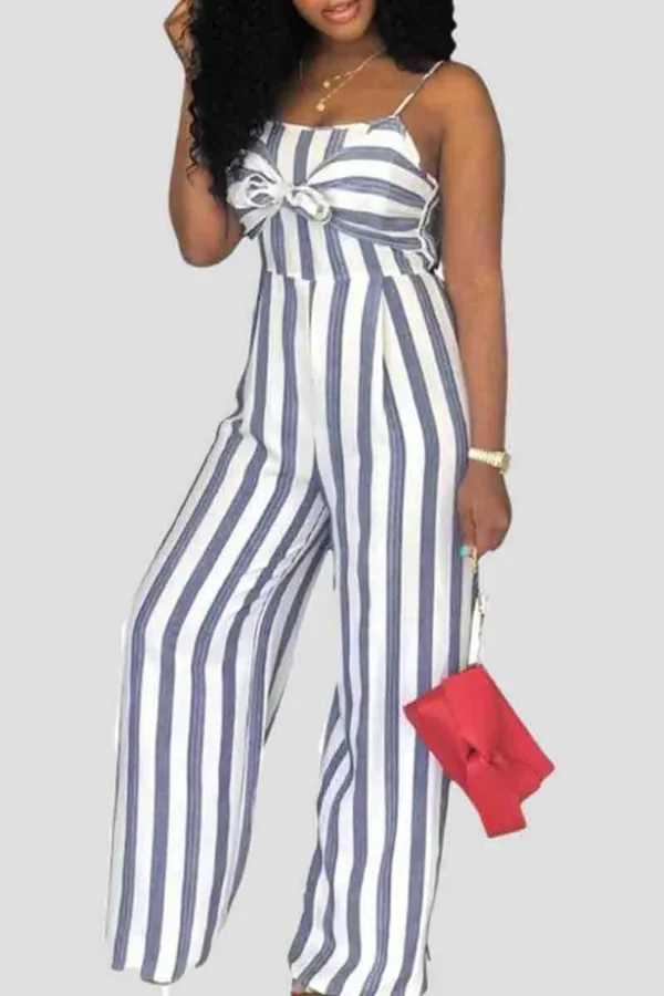 Casual Bow Decor Stripe Backless Loose Vacation Wide Leg Jumpsuits