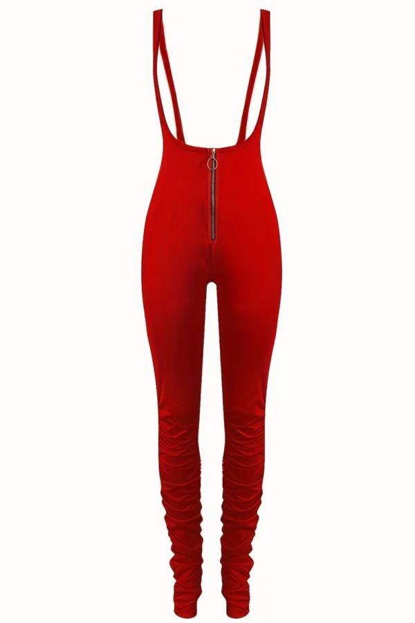 Street Ruched Zipper Spaghetti Strap Skinny Jumpsuits