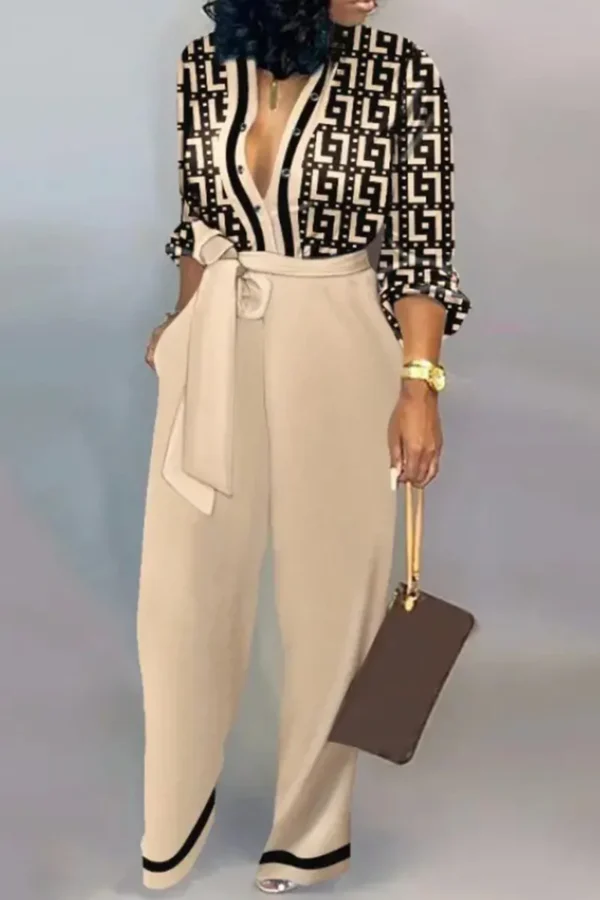Casual Buckle Strap Design Turndown Collar Long Sleeve Vacation Jumpsuits