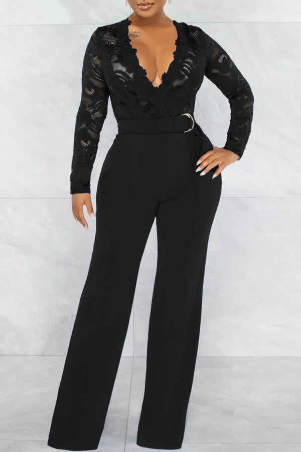 Casual Lace See-through With Belt Zipper V Neck Regular Jumpsuits