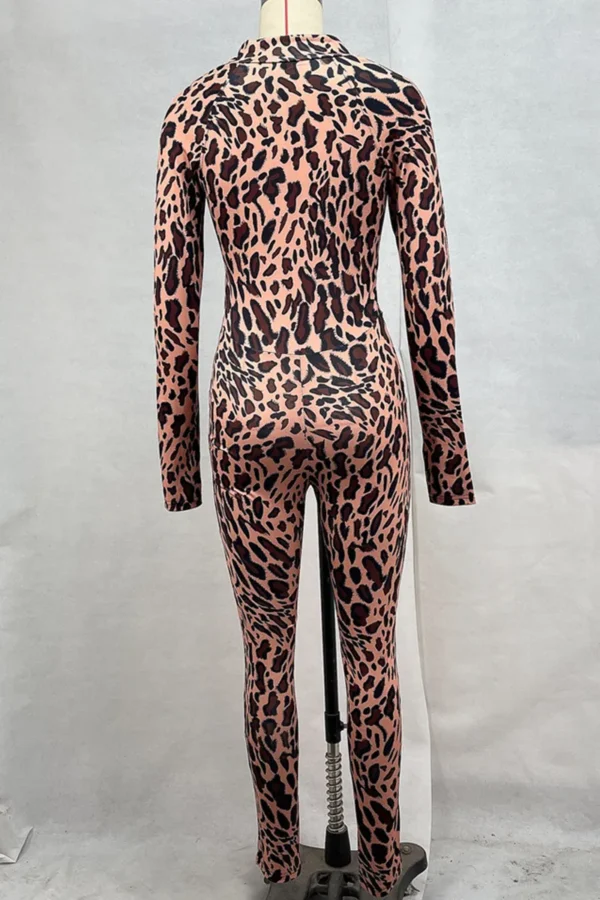 Camel Sexy Leopard Print Zipper O Neck Skinny Jumpsuits