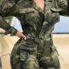 Army Green Camouflage Turn-back Collar Straight Cargo Jumpsuits