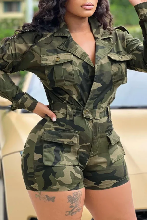 Army Green Camouflage Turn-back Collar Straight Cargo Jumpsuits