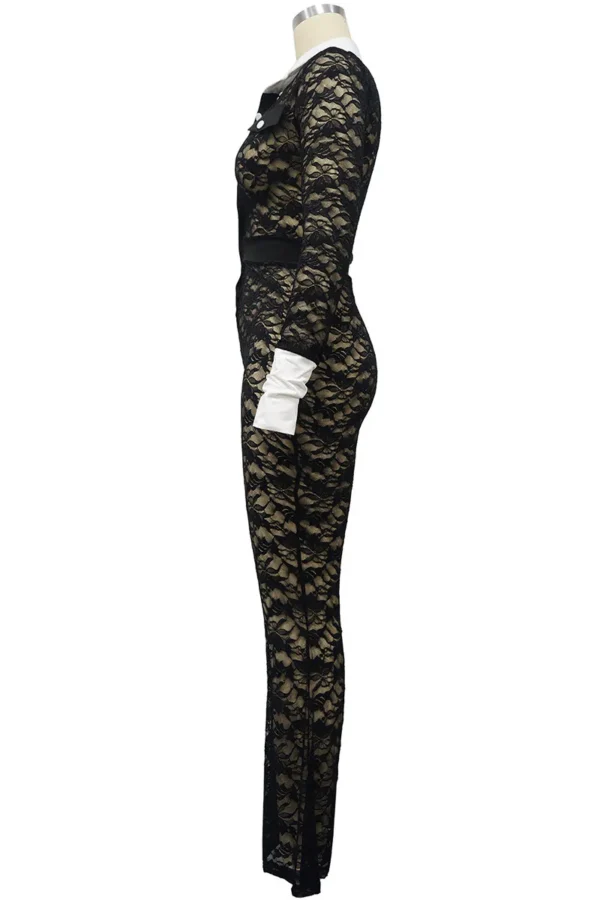 Black Sexy Lace Buckle See-through Contrast Turndown Collar Skinny Jumpsuits