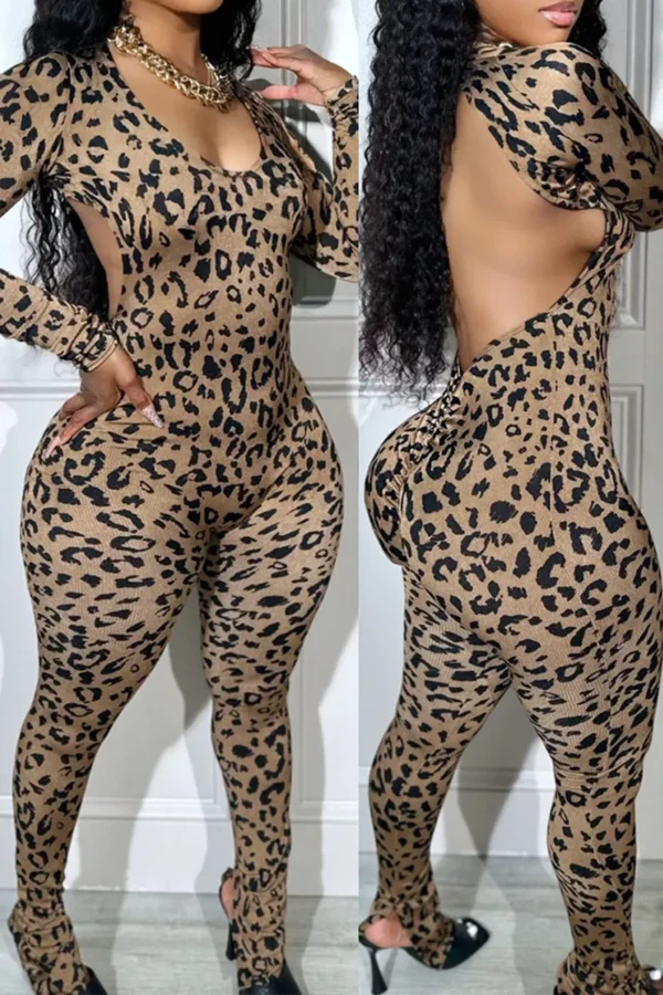 Sexy Leopard Backless U Neck Skinny Jumpsuit