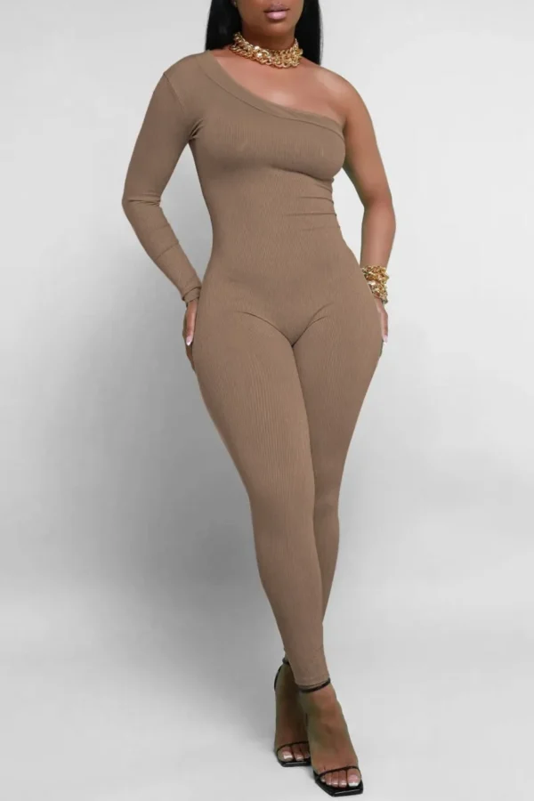Casual Backless Oblique Collar Skinny Jumpsuit