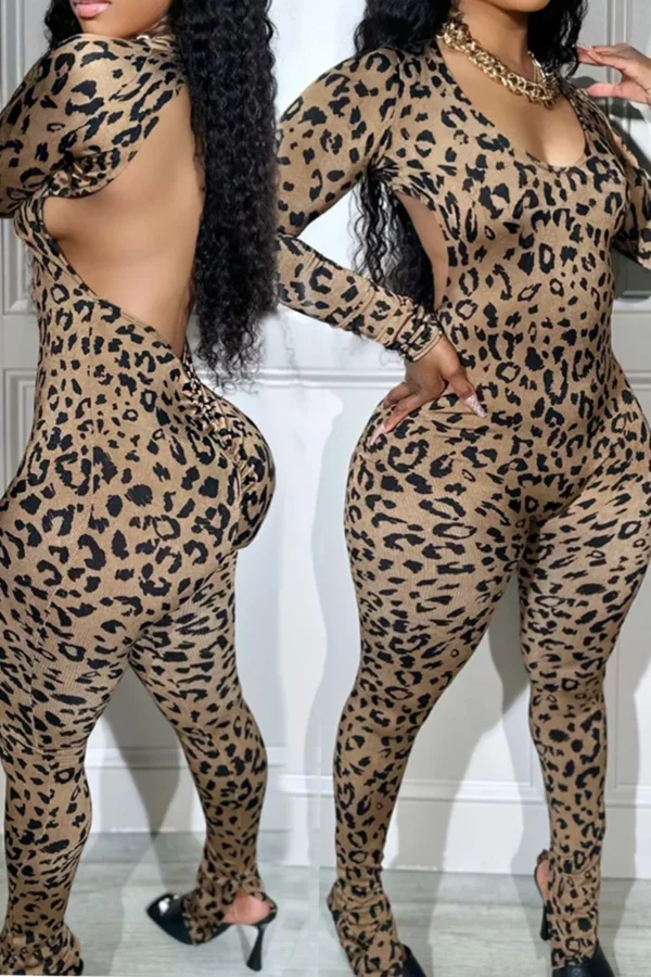 Sexy Leopard Backless U Neck Skinny Jumpsuit