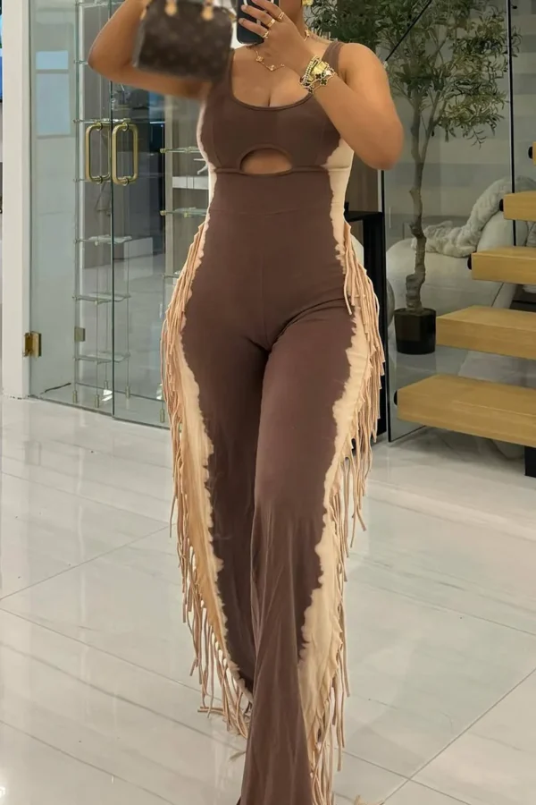 Casual Fringed Trim Hollow Out U Neck Loose Jumpsuit