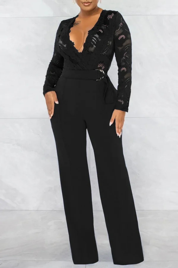 Casual Lace See-through With Belt Zipper V Neck Regular Jumpsuits