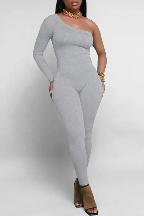 Casual Backless Oblique Collar Skinny Jumpsuit