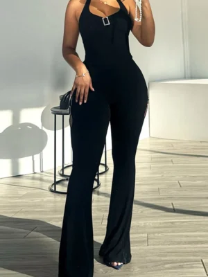 Black Sexy Street Halter Regular Jumpsuits