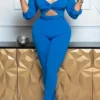 Blue Casual Hollow Out Ruched Asymmetrical Collar Regular Jumpsuits