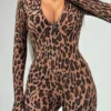 Camel Sexy Leopard Print Zipper O Neck Skinny Jumpsuits