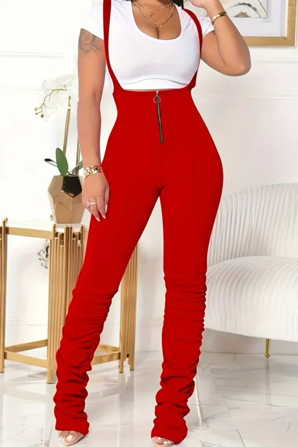 Street Ruched Zipper Spaghetti Strap Skinny Jumpsuits