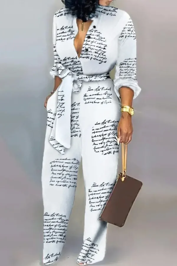 Casual Buckle Strap Design Turndown Collar Long Sleeve Vacation Jumpsuits